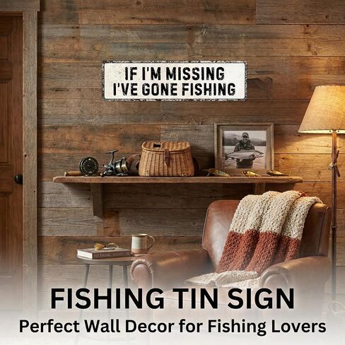 Funnysign “If I’m Missing I’ve Gone Fishing" Vintage Tin Sign – Rustic Metal Wall Decor for Fishing Room, Man Cave, Cabin or Garage, 4×16 Inch (9832) in Saudi Arabia