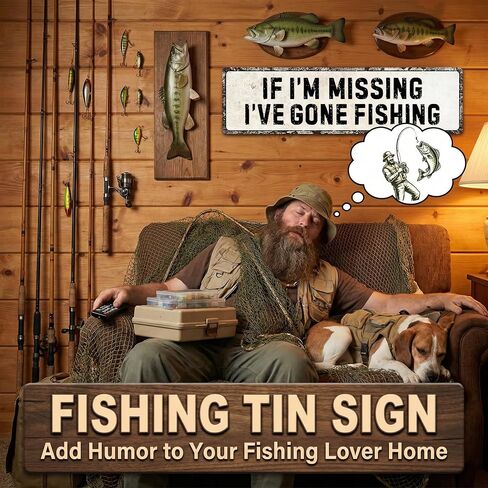 Funnysign “If I’m Missing I’ve Gone Fishing" Vintage Tin Sign – Rustic Metal Wall Decor for Fishing Room, Man Cave, Cabin or Garage, 4×16 Inch (9832) in Saudi Arabia