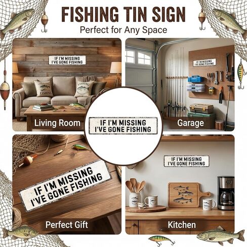 Funnysign “If I’m Missing I’ve Gone Fishing" Vintage Tin Sign – Rustic Metal Wall Decor for Fishing Room, Man Cave, Cabin or Garage, 4×16 Inch (9832) in Saudi Arabia