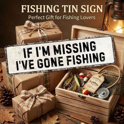 Funnysign “If I’m Missing I’ve Gone Fishing" Vintage Tin Sign – Rustic Metal Wall Decor for Fishing Room, Man Cave, Cabin or Garage, 4×16 Inch (9832) in Saudi Arabia