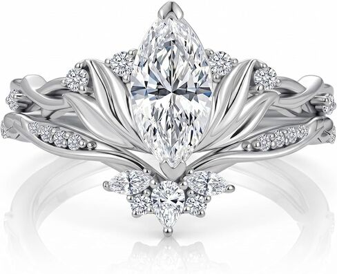 Lotus Wedding Rings Set Sterling Silver Marquise-Cut Moissanite Bridal Sets for Women,18K White Gold Platinum Plated Nature Inspired Design Engagement Ring Set for Anniversary Wedding in Saudi Arabia
