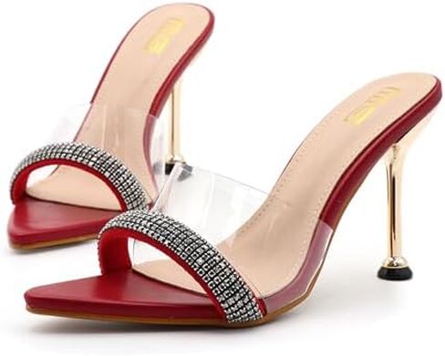 Women'S Rhinestone Strappy Pointed Toe Stiletto Slides Sandals Sexy Clear Strap Comfortable Open Toe Slip On High Heels Mules Sandals for Wedding Party Date Dress Shoes in Kuwait