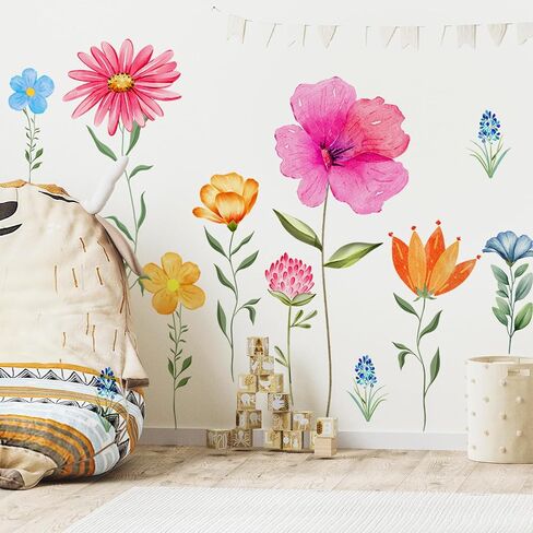 Boho Flower Wall Stickers - Large Wildflower Floral Grass with Butterfly, Peel and Stick Wall Art Decals for Nursery, Living Room, Bedroom, Tv Wall Decor. in Saudi Arabia