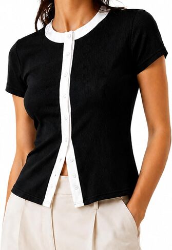 Remidoo Women's Short Sleeve Button Down Shirt Fitted Color Block Ribbed Knit Tops in Kuwait