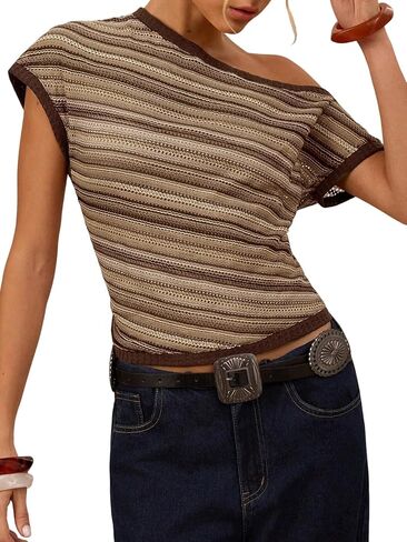 Pinclodly Off the Shoulder Tops for Women Short Sleeve Striped Shirt Slim Fit Hollow Out Crop Tops Summer Y2K Crochet Top in Saudi Arabia