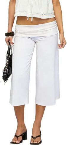 ROAONOCOMO Women Fold Over Lounge Gaucho Pants Low Rise Wide Leg Cropped Capri Pants Comfy Flared Yoga Culotte Bottom in Saudi Arabia