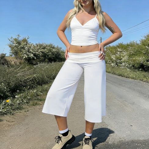 ROAONOCOMO Women Fold Over Lounge Gaucho Pants Low Rise Wide Leg Cropped Capri Pants Comfy Flared Yoga Culotte Bottom in Saudi Arabia