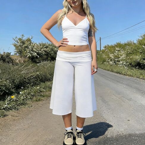 ROAONOCOMO Women Fold Over Lounge Gaucho Pants Low Rise Wide Leg Cropped Capri Pants Comfy Flared Yoga Culotte Bottom in Saudi Arabia