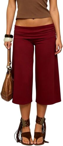 ROAONOCOMO Women Fold Over Lounge Gaucho Pants Low Rise Wide Leg Cropped Capri Pants Comfy Flared Yoga Culotte Bottom in Saudi Arabia