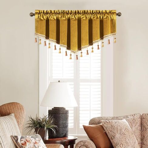 VOGOL Retro Velvet Curtains Valance, Super Soft Vintage Style Swag Valances for Small Windows, Short Rod Pocket Curtain for Living Dining Room, 52 x 18, 1 Panel, Gold in Kuwait