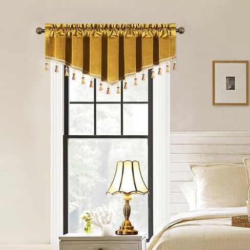 VOGOL Retro Velvet Curtains Valance, Super Soft Vintage Style Swag Valances for Small Windows, Short Rod Pocket Curtain for Living Dining Room, 52 x 18, 1 Panel, Gold in Kuwait