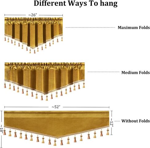 VOGOL Retro Velvet Curtains Valance, Super Soft Vintage Style Swag Valances for Small Windows, Short Rod Pocket Curtain for Living Dining Room, 52 x 18, 1 Panel, Gold in Kuwait