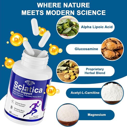 Sciatica Ease and Nerve Ease Supplement with Alpha Lipoic Acid, Acetyl L-Carnitine, Benfotiamine and B Vitamins for Sciatica, Hip, Buttocks and Nerve Comfort, 60 Capsules in Saudi Arabia