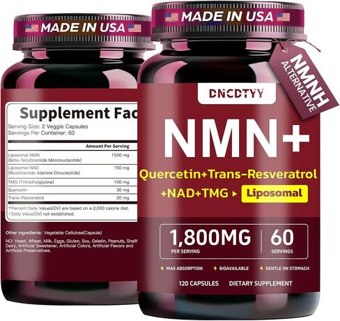 مكمل Liposomal NMN 1500 مجم، مكمل NMN بديل Liposomal NMN مع NAD، كيرسيتين، TMG، ريسفيراترول يدعم مستوى الطاقة وNAD، غير معدل وراثيًا، نباتي، تم اختباره من قبل طرف ثالث، 120 كبسولة نباتية in Kuwait