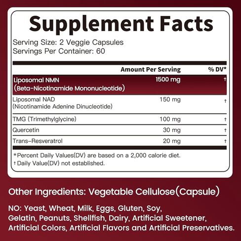 مكمل Liposomal NMN 1500 مجم، مكمل NMN بديل Liposomal NMN مع NAD، كيرسيتين، TMG، ريسفيراترول يدعم مستوى الطاقة وNAD، غير معدل وراثيًا، نباتي، تم اختباره من قبل طرف ثالث، 120 كبسولة نباتية in Kuwait