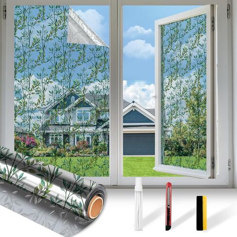 Countewol Upgraded Window Privacy Film One Way Daytime Privacy Static Cling Sun Blocking Anti UV Reflective Window Tint for Home and Office (Black - Silver（Leaves）, 17.5 X 78.7 in) in Saudi Arabia