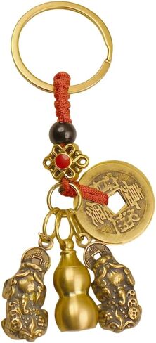 Feng Shui Brass Keychain with Lucky Coins, Wu Lou Amulet, Backpack Charm for Wealth in Saudi Arabia