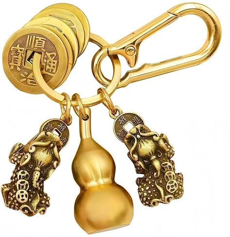 Feng Shui Brass Keychain with Lucky Coins, Wu Lou Amulet, Backpack Charm for Wealth in Saudi Arabia