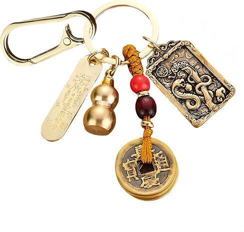 Feng Shui Brass Keychain with Lucky Coins, Wu Lou Amulet, Backpack Charm for Wealth in Saudi Arabia