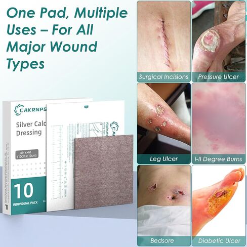 Silver Calcium Alginate Wound Dressing 4"x4" - Sterile Highly Absorbent Pads with Silver, Non-Stick Alginate Gauze for Wounds Care, Painless Removal, 10 Pack Individually Wrapped Dressings in Saudi Arabia