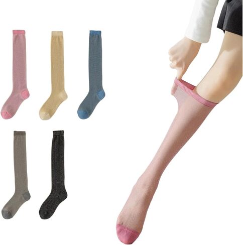 Women's Knee High Stockings 5 Pairs, Shiny Metallic Thread Soft Sheer, Non-Slip Lace Cuff, 5 Colors Black/Gold/Blue/Coffee/Pink,Size 5 to 7.5 in Saudi Arabia