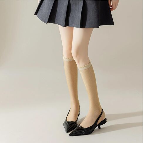 Women's Knee High Stockings 5 Pairs, Shiny Metallic Thread Soft Sheer, Non-Slip Lace Cuff, 5 Colors Black/Gold/Blue/Coffee/Pink,Size 5 to 7.5 in Saudi Arabia