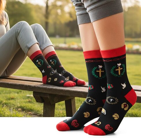 shiningsoul 4-Pack Christian Mid-Calf Socks for Men & Women, Religious Socks with Cross, Dove, Fish Symbol Design, 2 Pack White & 2 Pack Black in Saudi Arabia