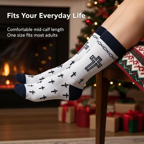shiningsoul 4-Pack Christian Mid-Calf Socks for Men & Women, Religious Socks with Cross, Dove, Fish Symbol Design, 2 Pack White & 2 Pack Black in Saudi Arabia