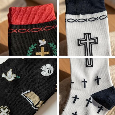 shiningsoul 4-Pack Christian Mid-Calf Socks for Men & Women, Religious Socks with Cross, Dove, Fish Symbol Design, 2 Pack White & 2 Pack Black in Saudi Arabia