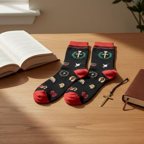 shiningsoul 4-Pack Christian Mid-Calf Socks for Men & Women, Religious Socks with Cross, Dove, Fish Symbol Design, 2 Pack White & 2 Pack Black in Saudi Arabia