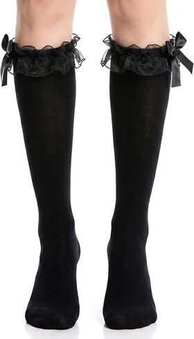 Knee High Socks with Bows, Black Cotton Knee High Socks with Bow Decor, Soft Breathable Skin-Friendly Stockings, Lolita Cosplay Daily Wear School Outfit Accessory in Saudi Arabia