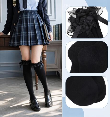 Knee High Socks with Bows, Black Cotton Knee High Socks with Bow Decor, Soft Breathable Skin-Friendly Stockings, Lolita Cosplay Daily Wear School Outfit Accessory in Saudi Arabia
