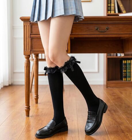 Knee High Socks with Bows, Black Cotton Knee High Socks with Bow Decor, Soft Breathable Skin-Friendly Stockings, Lolita Cosplay Daily Wear School Outfit Accessory in Saudi Arabia