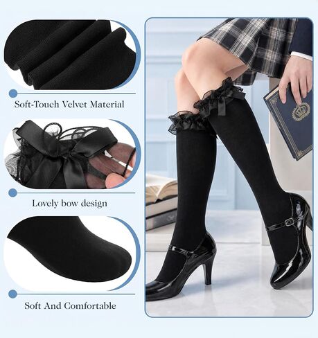 Knee High Socks with Bows, Black Cotton Knee High Socks with Bow Decor, Soft Breathable Skin-Friendly Stockings, Lolita Cosplay Daily Wear School Outfit Accessory in Saudi Arabia