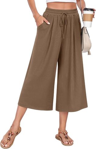 Anyhold Womens Casual Wide Leg Capri Pants High Waist Loose Culottes with Pockets in Saudi Arabia