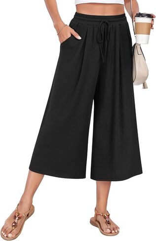 Anyhold Womens Casual Wide Leg Capri Pants High Waist Loose Culottes with Pockets in Saudi Arabia