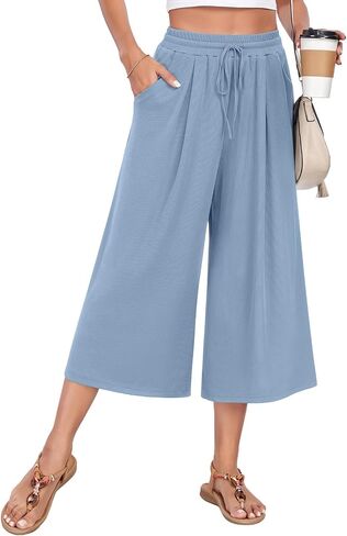 Anyhold Womens Casual Wide Leg Capri Pants High Waist Loose Culottes with Pockets in Saudi Arabia
