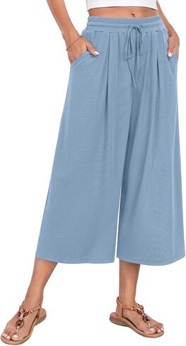 Anyhold Womens Casual Wide Leg Capri Pants High Waist Loose Culottes with Pockets in Saudi Arabia
