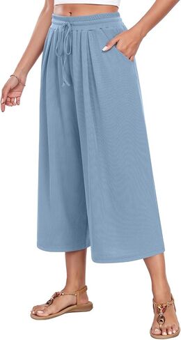 Anyhold Womens Casual Wide Leg Capri Pants High Waist Loose Culottes with Pockets in Saudi Arabia