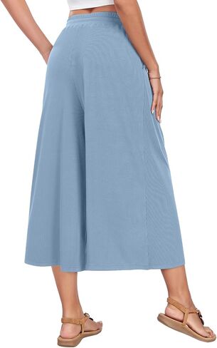 Anyhold Womens Casual Wide Leg Capri Pants High Waist Loose Culottes with Pockets in Saudi Arabia