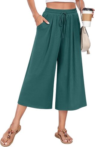 Anyhold Womens Casual Wide Leg Capri Pants High Waist Loose Culottes with Pockets in Saudi Arabia