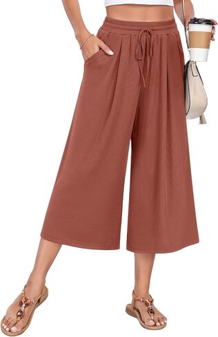Anyhold Womens Casual Wide Leg Capri Pants High Waist Loose Culottes with Pockets in Saudi Arabia