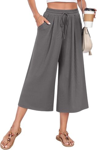 Anyhold Womens Casual Wide Leg Capri Pants High Waist Loose Culottes with Pockets in Saudi Arabia