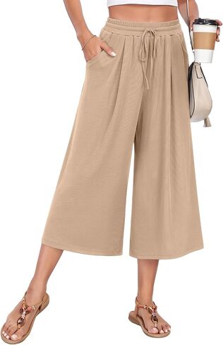 Anyhold Womens Casual Wide Leg Capri Pants High Waist Loose Culottes with Pockets in Saudi Arabia