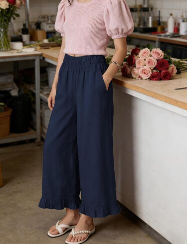 Women's Wide Leg Pants High Waist Ruffle Hem Casual Loose Cropped Trousers Solid Color Lightweight Daily Lounge(Navy-L) in Saudi Arabia