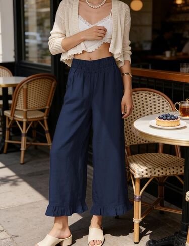 Women's Wide Leg Pants High Waist Ruffle Hem Casual Loose Cropped Trousers Solid Color Lightweight Daily Lounge(Navy-L) in Saudi Arabia