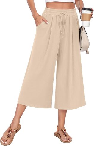 Anyhold Womens Casual Wide Leg Capri Pants High Waist Loose Culottes with Pockets in Saudi Arabia