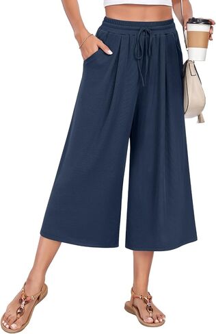 Anyhold Womens Casual Wide Leg Capri Pants High Waist Loose Culottes with Pockets in Saudi Arabia