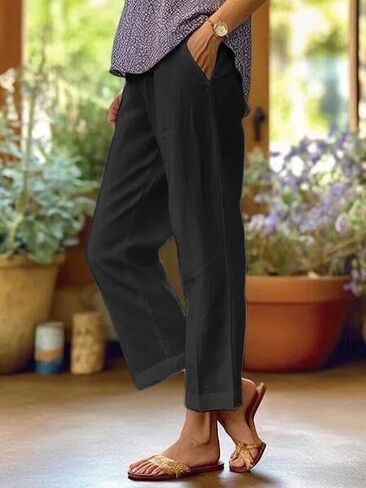 Women Cotton Cropped Casual Straight Leg Elastic Waist Pants Print Beach Summer Pants with Pockets in Kuwait