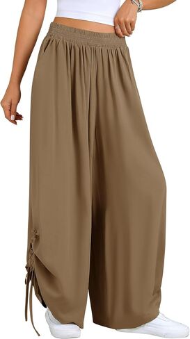Hubery Women Long Palazzo Pants 2026 Summer Pleated High Waist Wide Leg Flowy Pants Side Drawstring Trousers with Pockets in Saudi Arabia